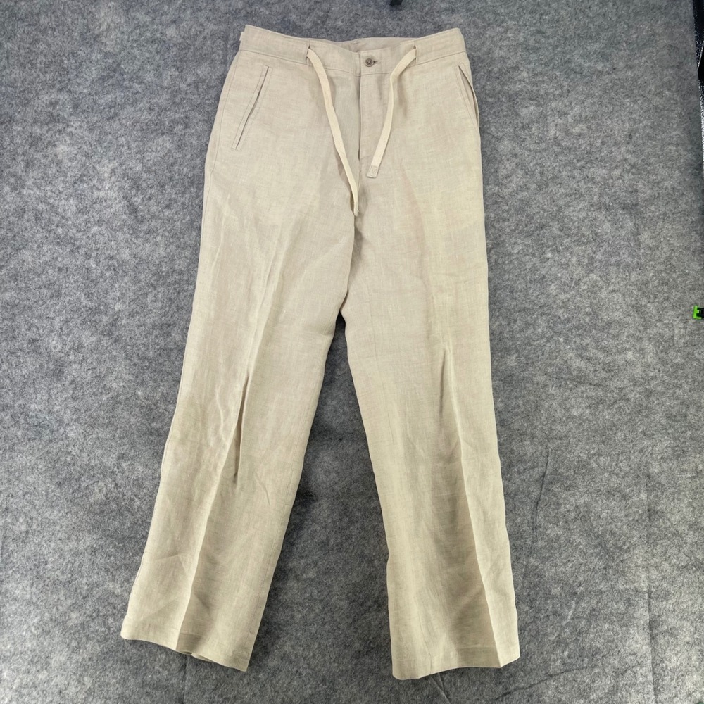 Tasso Elba Pants Men 30x30 Beige 100% Linen Drawstring Straight Leg Trousers